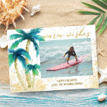 Tarjeta Festiva Tropical Palms Gold Warm Wishes Christmas Photo<br><div class="desc">Tropical,  coastal theme Christmas photo card features watercolor palm trees and sparkly gold "Warmest Wishes" greeting and gold sand flecks. Reverse side is gold with palm trees in silhouette. Personalize with a favorite photo,  your name(s) and greeting (shown with Happy Holidays). Original artwork KL Stock.</div>