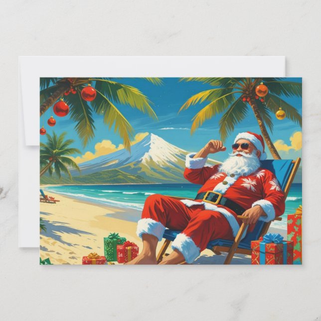 Tarjeta Festiva Tropical Santa Beach Christmas Flat Holiday Card (Anverso)