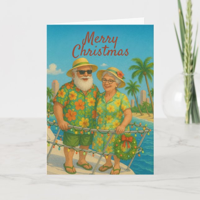 Tarjeta Festiva Tropical Santa & Mrs. Claus Christmas Cars (Anverso)