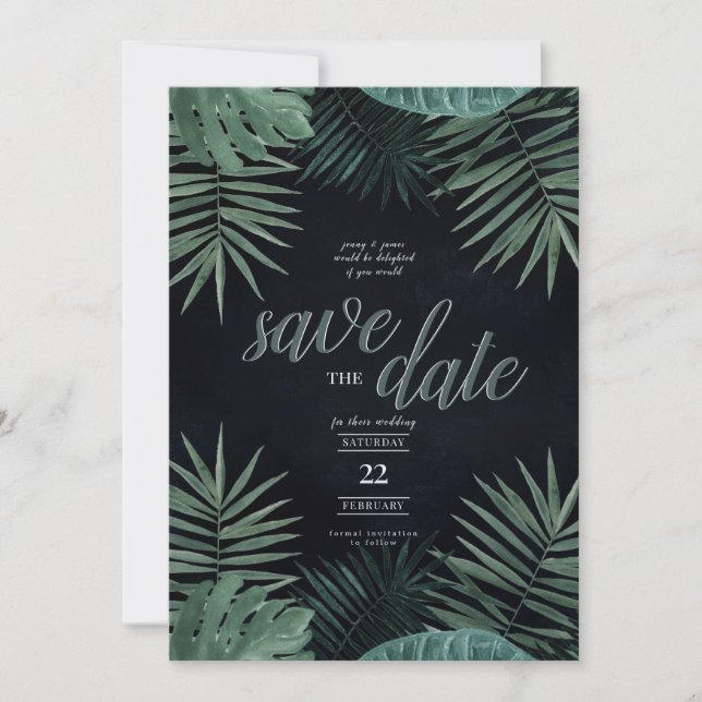 Tarjeta Festiva Tropical Save the Date, Dark and Moody (Anverso)