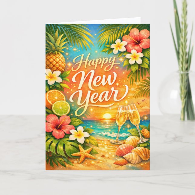 Tarjeta Festiva Tropical Sunset Champagne Happy New Year (Anverso)