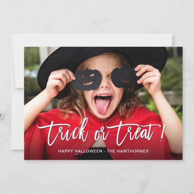Tarjeta Festiva Truco fotográfico completo o trato feliz Halloween (Anverso)