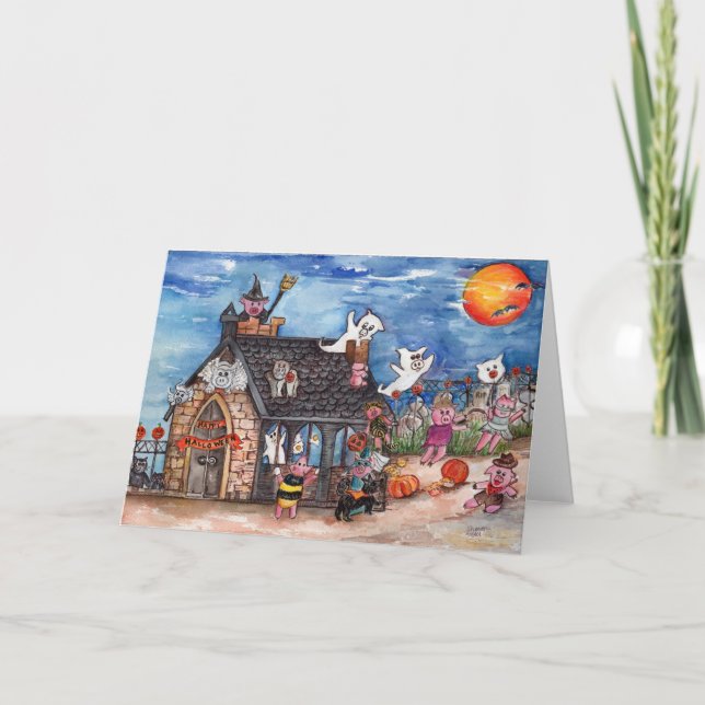 Tarjeta Festiva Truco o invitación, acuarela de los cerdos de (Anverso)