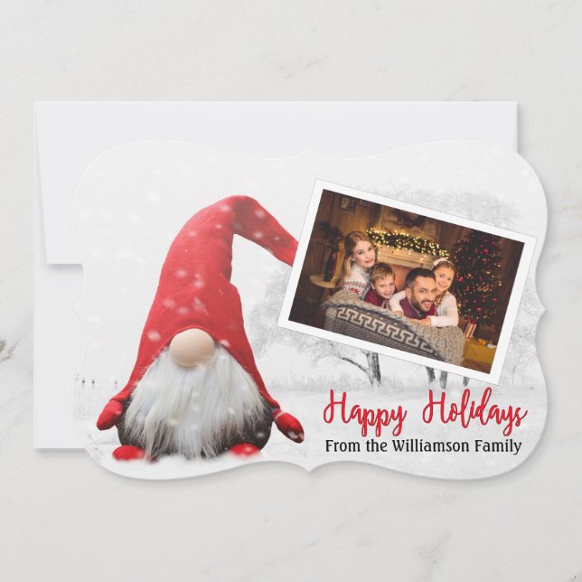 Tarjeta Festiva Tu foto de Snowy Gnome Fancy Cut Happy Holidays (Anverso)