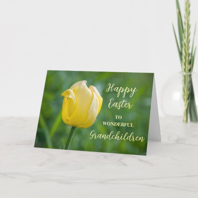 Tarjeta Festiva Tulipanes amarillos nietos felices pascuas (Anverso)