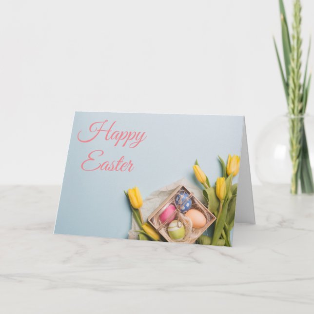 Tarjeta Festiva Tulipanes amarillos y huevos de Pascua (Anverso)