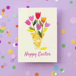 Tarjeta Festiva Tulipanes De Primavera Retro, Pascua Floral Ilustr