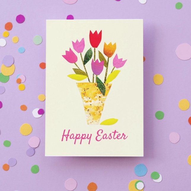 Tarjeta Festiva Tulipanes De Primavera Retro, Pascua Floral Ilustr (This traditional Easter card features colorful vintage-inspired bright pastel-colored tulips.)