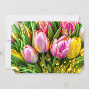 Tarjeta Festiva Tulipanes elegantes con acentos dorados, Pascua