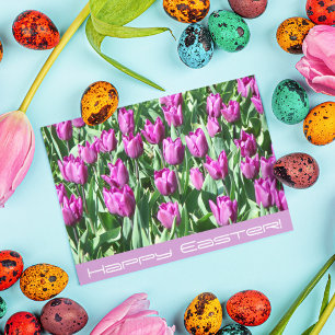 Tarjeta Festiva Tulipanes púrpuras florecen en Floral Easter