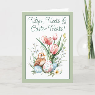 Tarjeta Festiva Tulipanes, tuits y trajes de Pascua verdes doblado