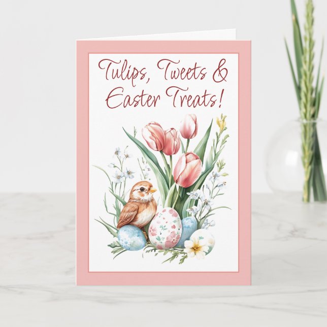 Tarjeta Festiva Tulipanes, tuits y tratamientos de Pascua con dobl (Anverso)