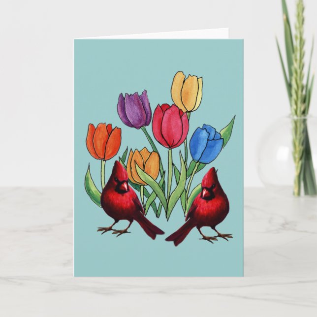 Tarjeta Festiva Tulipanes y cardenales (Anverso)