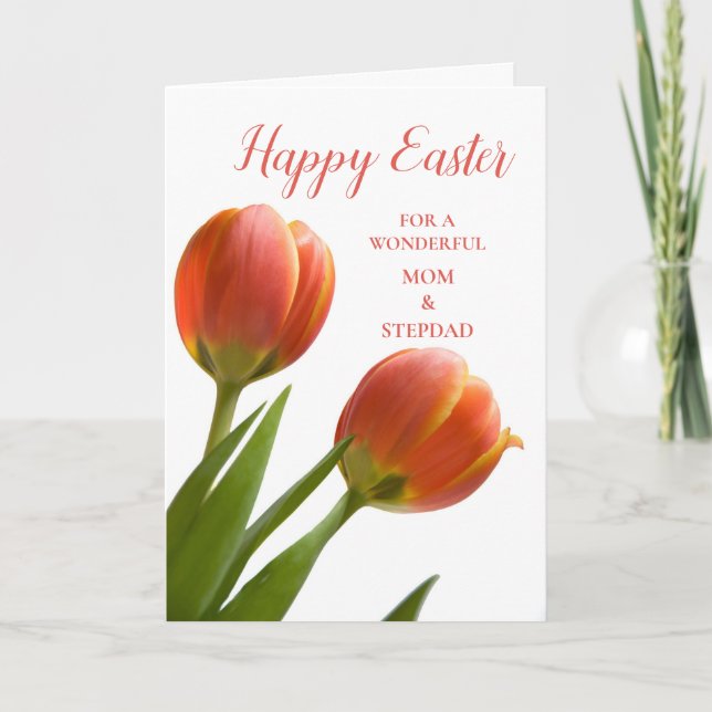 Tarjeta Festiva Tulips Happy Easter Mom y Stepdad (Anverso)