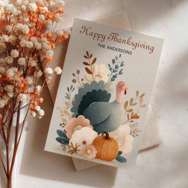 Tarjeta Festiva Turkey with Fall Foliage Happy Thanksgiving Pastel (Subido por el creador)