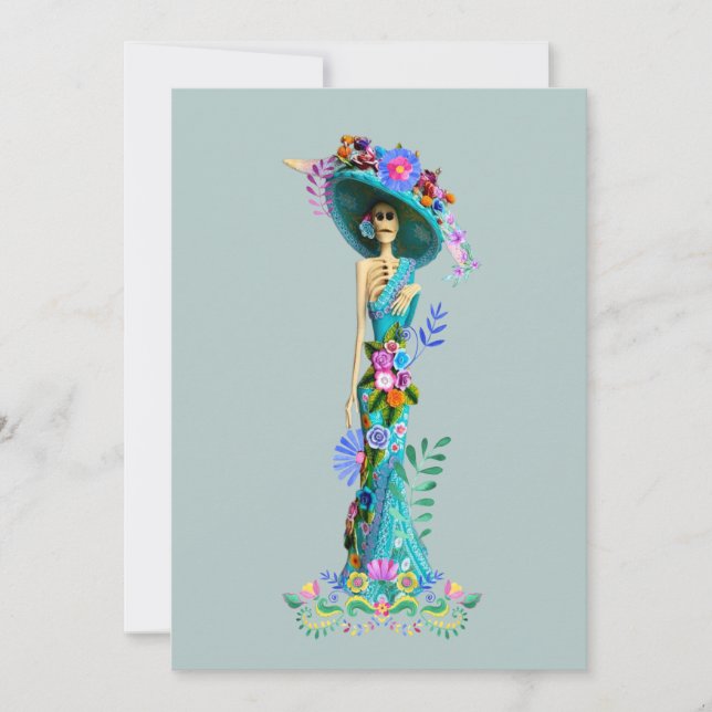 Tarjeta Festiva Turquesa y Rosa Día de Muertos Elegante Catrina (Anverso)