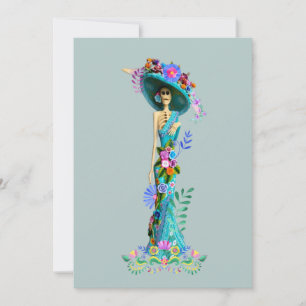 Tarjeta Festiva Turquesa y rosa Día de Muertos Elegante Catrina