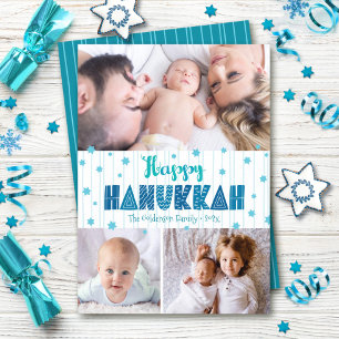 Tarjeta Festiva Turquoise 3 Fotografía Happy Hanukkah Moderno Typo