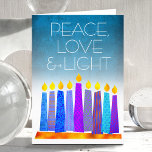 Tarjeta Festiva Turquoise Hanukkah Boho Vela Paz Luz de Amor<br><div class="desc">"Paz, amor y luz". Un ilustracion juguetón, moderno y artístico de velas de patrón boho en una menorah te ayuda a iniciar las vacaciones de Hanukkah. Las velas azules variadas con motivos de Relieve metalizado falsos coloridos superponen un gradiente turquesa al fondo texturado blanco. Siente el calor y la alegría...</div>