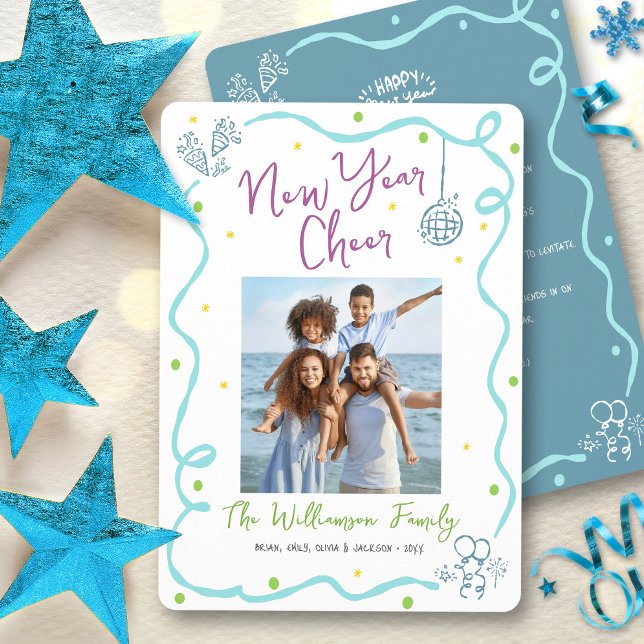 Tarjeta Festiva Turquoise Teal New Year Cheer Photo Hand Drawn Fun (Subido por el creador)