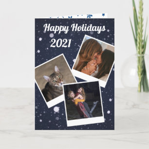 Tarjeta Festiva Tus 3 fotos en Copos de Nieve Azul de Estilo Retro