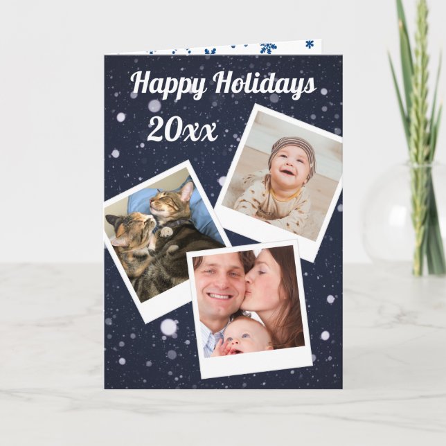 Tarjeta Festiva Tus 3 fotos en Polaroids Blue Snowflakes (Anverso)