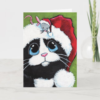 Tarjeta Festiva Tuxedo Cat & Festive Mouse Christmas Card