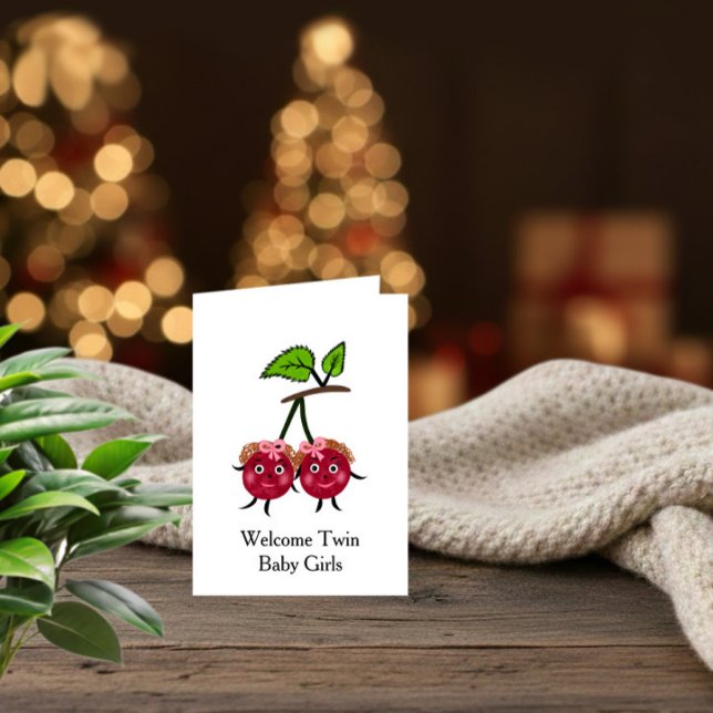 Tarjeta Festiva Twin Baby Girls Welcome Card – Sweet Cherry Twins (Subido por el creador)