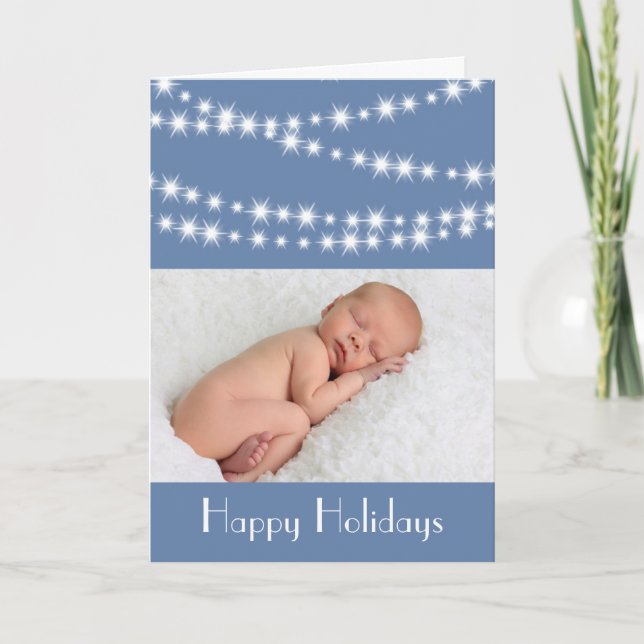 Tarjeta Festiva Twinkle Lights Photo Holiday Card azul (Anverso)