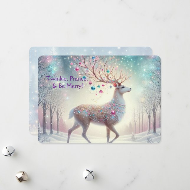 Tarjeta Festiva Twinkle, Prance & Be Merry Reindeer Holiday Card (Anverso/Reverso In Situ)