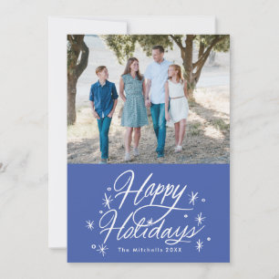 Tarjeta Festiva Twinkling Hand Letters Happy Holidays Photo Blue