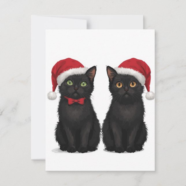 Tarjeta Festiva Two Black Kittens Santa Hat Christmas (Anverso)