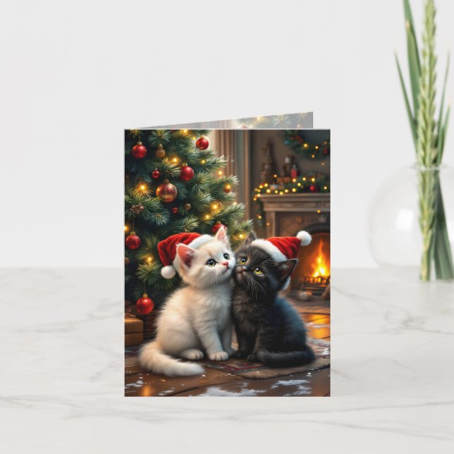 Tarjeta Festiva Two cute Christmas kittens with Santa hats (Anverso)