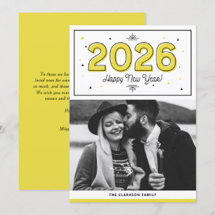 Tarjeta Festiva Typografía geométrica amarilla foto de Año Nuevo F