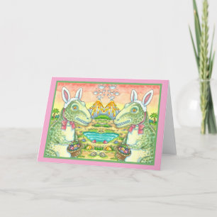 TARJETA FESTIVA TYRANNOSAURUS, CUTE T-REX, EASTER BUNNY DINO