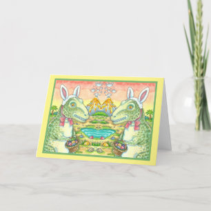 TARJETA FESTIVA TYRANNOSAURUS, CUTE T-REX, EASTER BUNNY DINO