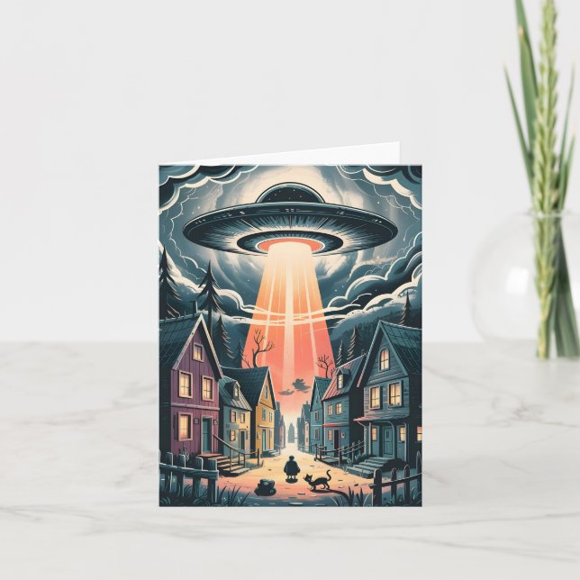 Tarjeta Festiva UFO Abduction Night Street Illustration (Anverso)
