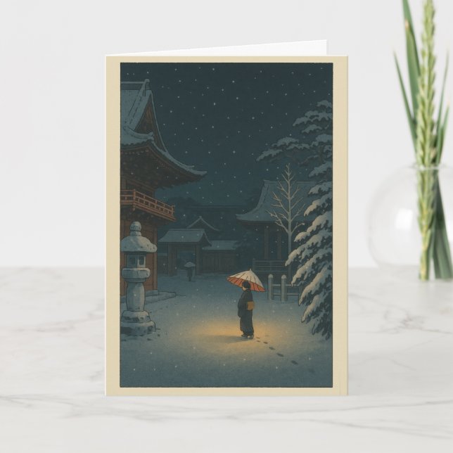 Tarjeta Festiva Ukiyo-e Temple Japanese Christmas Card (Anverso)