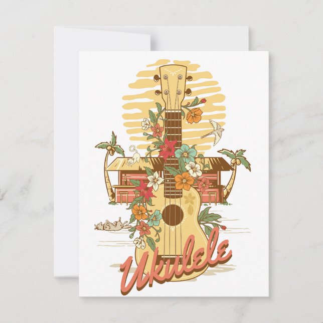 Tarjeta Festiva Ukulele - Recuerdos de verano en Hawái (Anverso)