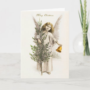 Tarjeta Festiva Un ángel sostiene la campana de los Navidades Vint