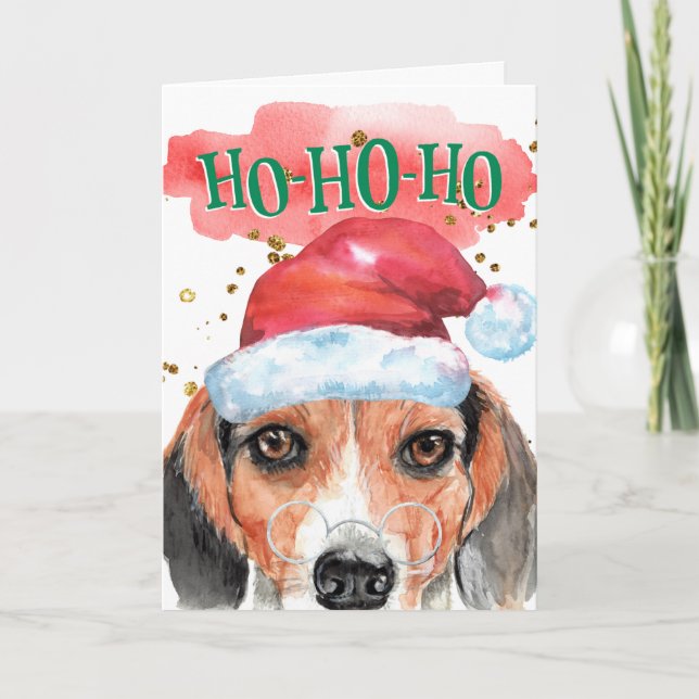 Tarjeta Festiva Un beagle gracioso vestido con sombrero de Santa C (Anverso)