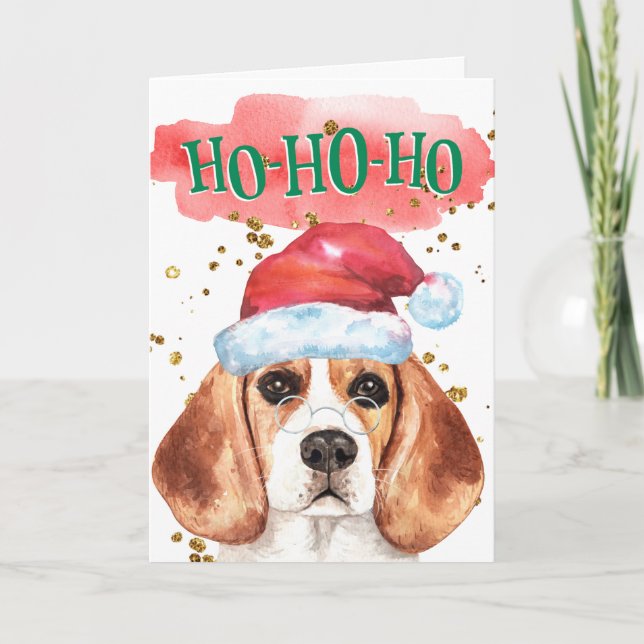 Tarjeta Festiva Un beagle gracioso vestido con sombrero de Santa q (Anverso)
