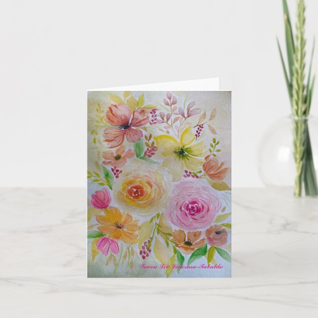 Tarjeta Festiva Un Bouquet de flores rosadas y amarillas (Anverso)