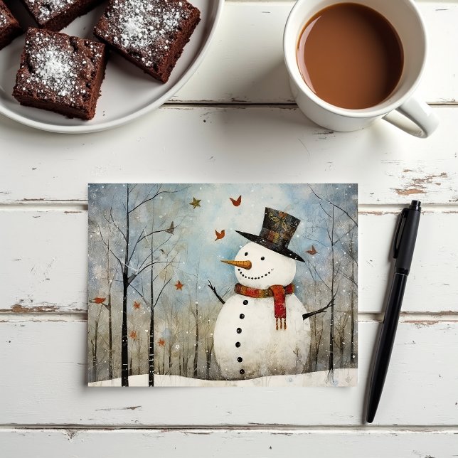 Tarjeta Festiva Un caprichoso hombre de nieve en un sombrero super (Subido por el creador)