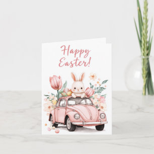 Tarjeta Festiva un conejo rosa lindo para Pascua.