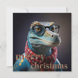 Tarjeta Festiva Un dinosaurio azul con una bufanda para Navidades
