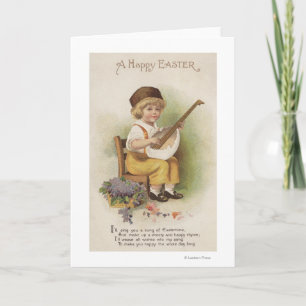 Tarjeta Festiva Un EasterBoy feliz con la guitarra de cáscara de