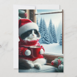 Tarjeta Festiva Un gato blanco y negro con sombrero de Santa