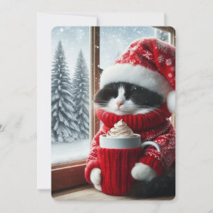 Tarjeta Festiva Un gato blanco y negro con sombrero de Santa
