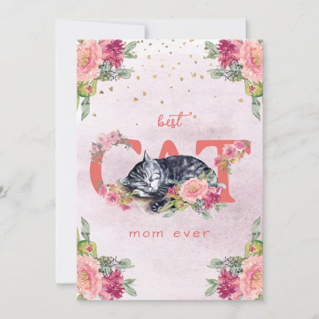 Tarjeta Festiva Un gato dormido en medio de las flores (Anverso)